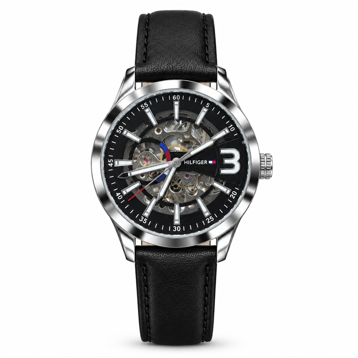 Tommy Hilfiger Automatic Skeleton Watch – Black Dial & Black Leather Strap