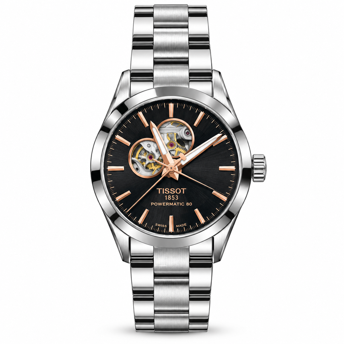 Tissot Silver Black Dial Powermatic 80 Open Heart