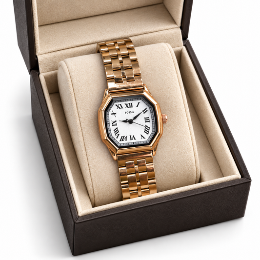 Fossil Harlow Analog Watch – White Roman Numeral Dial, Gold-Tone Octagonal Case & Stainless Steel Bracelet