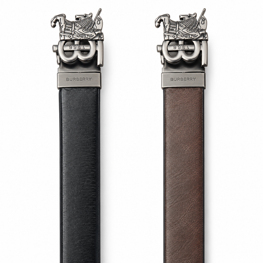Burberry Premium Reversible Black & Brown Belt with Silver Equestrian Buckle