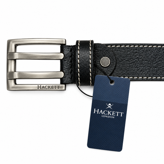 Hackett Black Leather Belt – Contrast Stitching & Signature Buckle