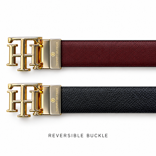 Tommy Hilfiger-Style Reversible Gold Buckle Belt – Gold Buckle