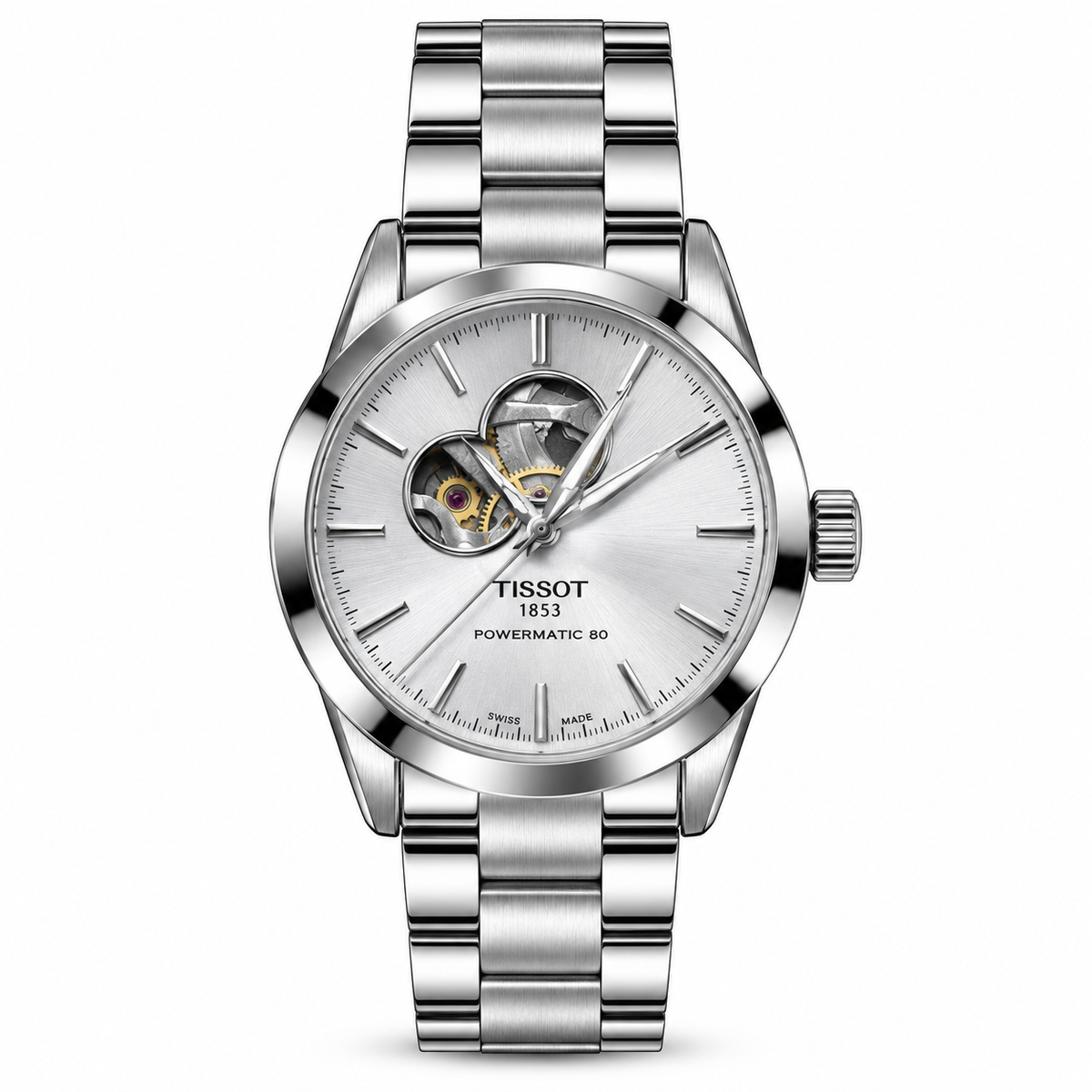 Tissot Silver Chain And Silver Dail Unisex Powermatic 80 Open Heart