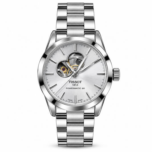 Tissot Silver Chain And Silver Dail Unisex Powermatic 80 Open Heart