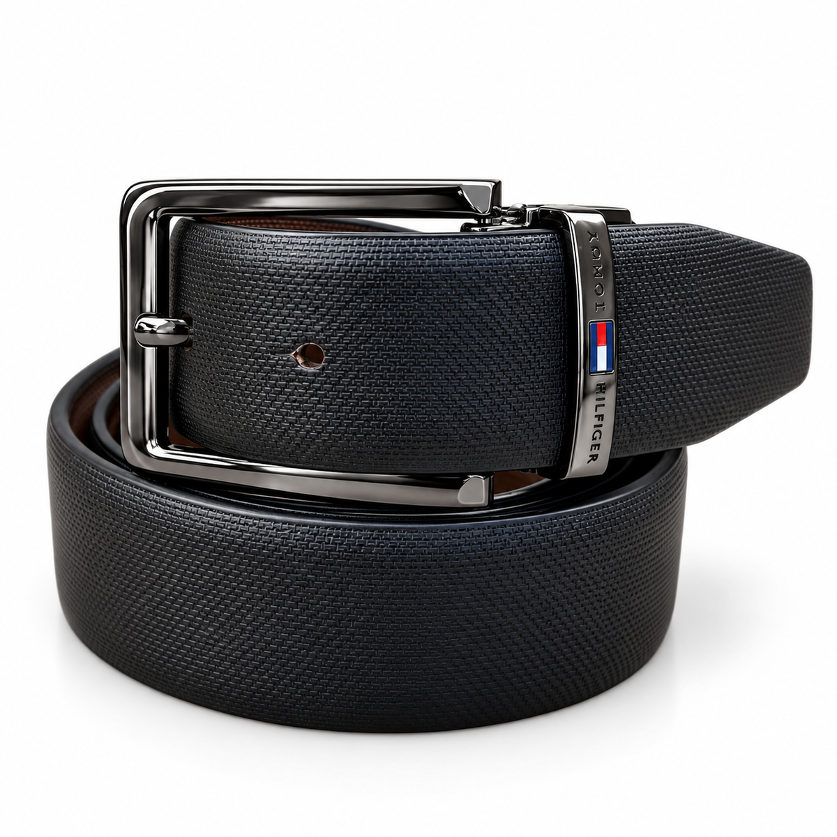 Tommy Hilfiger Metal Reversible Buckle Black And Brown Leather Premium Belt