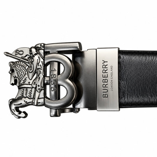 Burberry-Inspired Knight Emblem Black Leather Belt – Silver-Tone Buckle