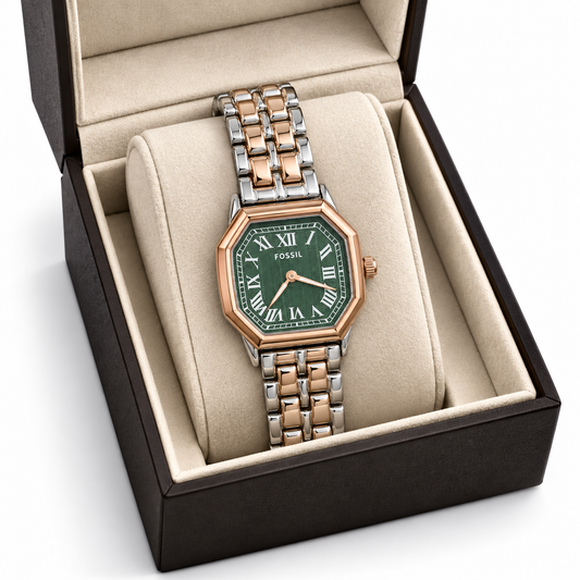 Fossil Harlow Analog Watch – Green Roman Numeral Dial, Two-Tone Rose Gold & Silver Stainless Steel Bracelet