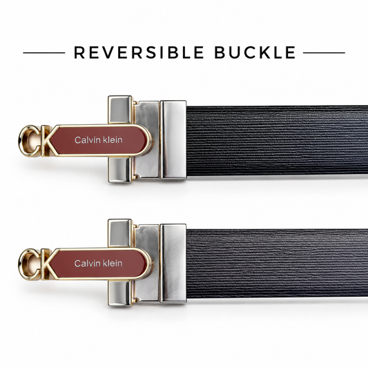Calvin Klein CK Reversible Black Textured Belt – Burgundy & Gold Buckle