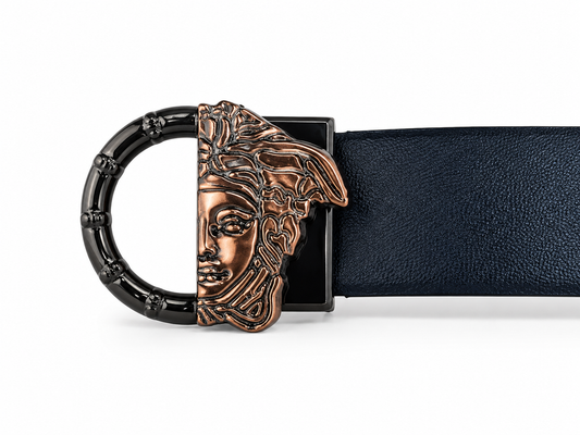 Versace Medusa Black & Gold Luxury Monogram Buckle Belt with Black Leather