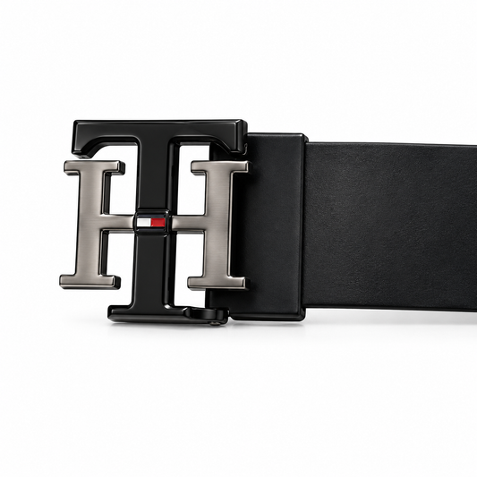 Tommy Hilfiger Black & Silver Signature Buckle Belt with Black Genuine Leather