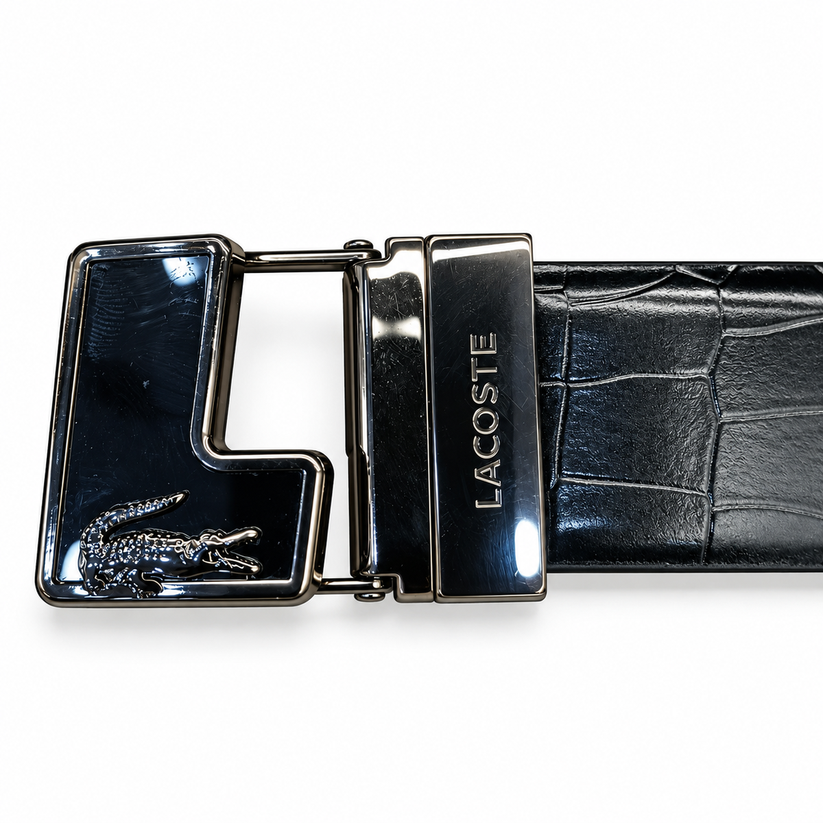 Lacoste-Inspired Black Crocodile Texture Belt – Signature Reversible Buckle
