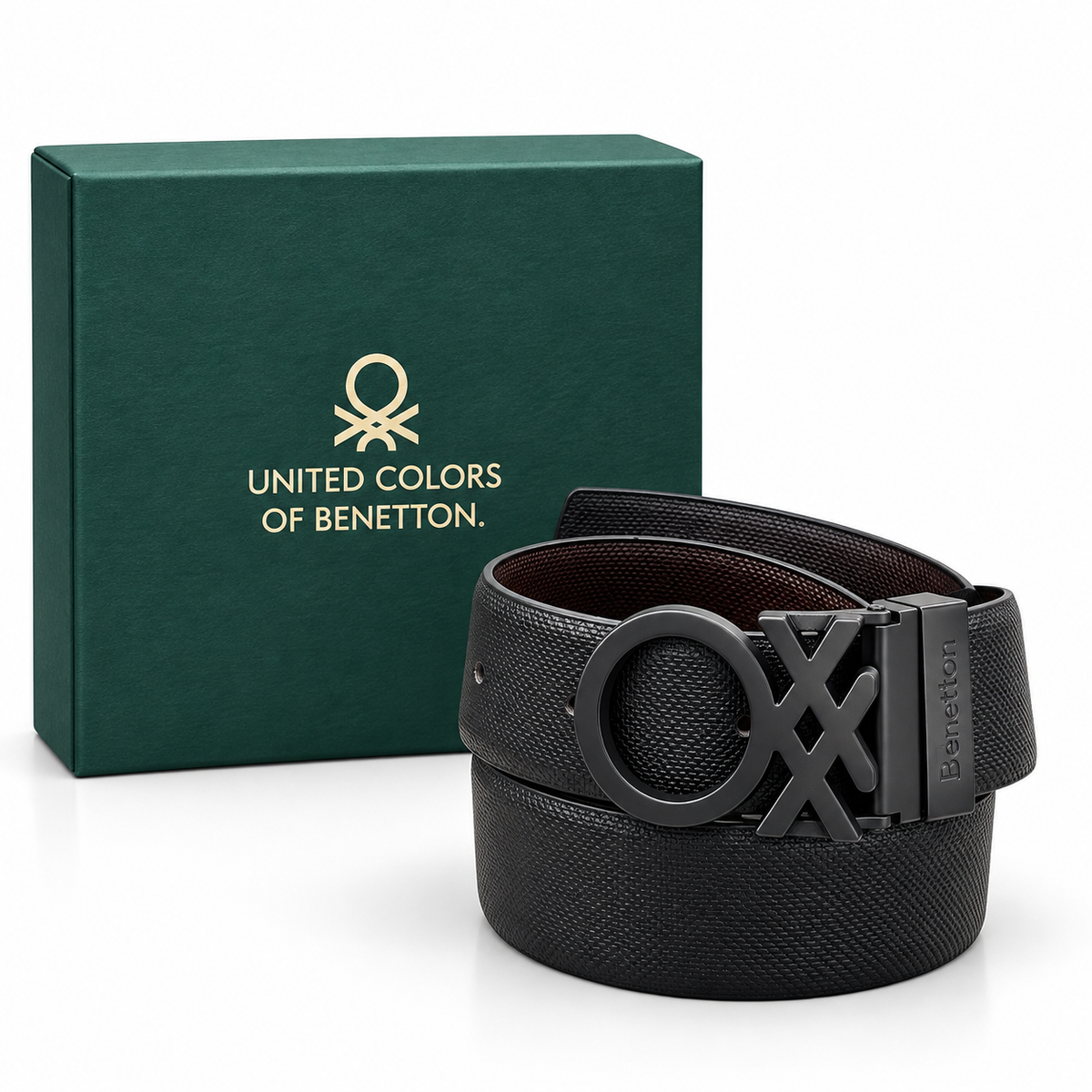 Premium Reversible Benetton-Buckle Textured Belt – Black & Brown