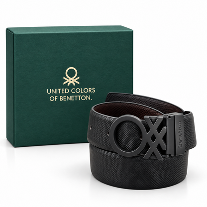 Premium Reversible Benetton-Buckle Textured Belt – Black & Brown