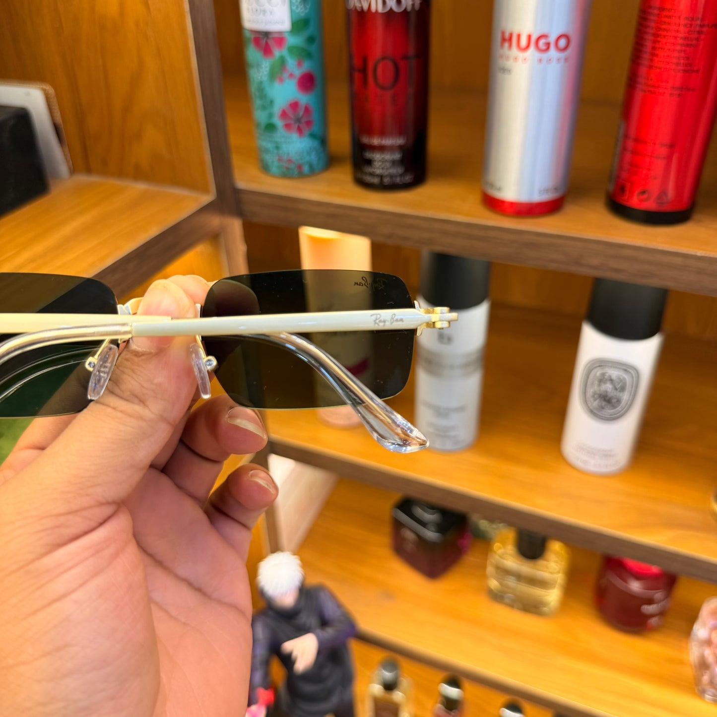 Ray Ban Rectangle Green shade golden frame-less Premium Sunglass
