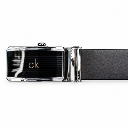 CK-Inspired Black Automatic Belt – Rose Gold Monogram Buckle