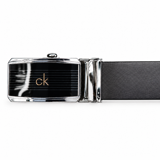 CK-Inspired Black Automatic Belt – Rose Gold Monogram Buckle