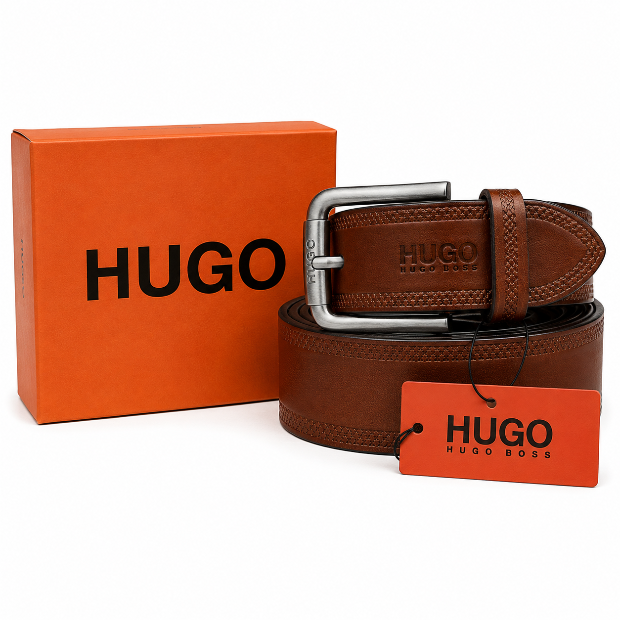 Hugo Classic Brown Leather Belt Woth Heavy Buckle