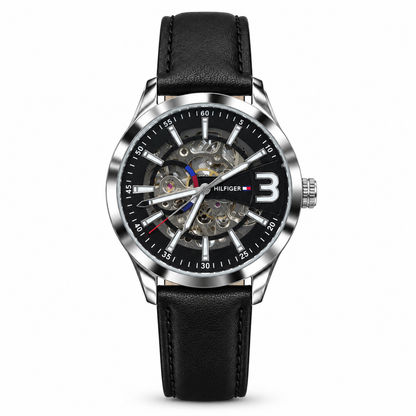Tommy Hilfiger Automatic Skeleton Watch – Black Dial & Black Leather Strap