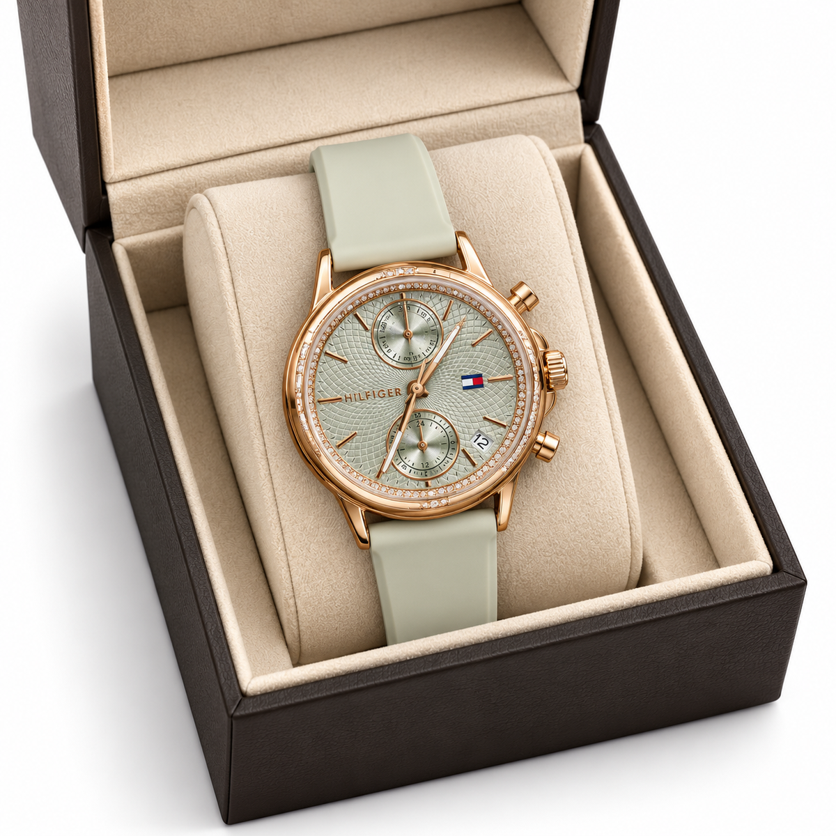 Tommy Hilfiger Multifunction Chronograph – Rose Gold & Sage Green