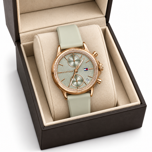 Tommy Hilfiger Multifunction Chronograph – Rose Gold & Sage Green