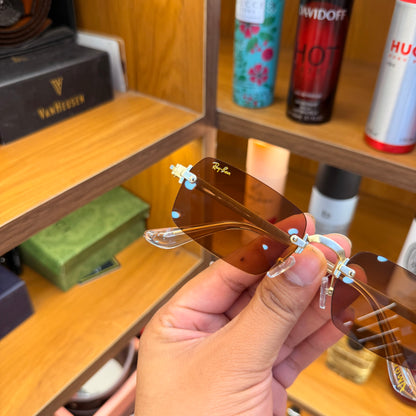 Ray Ban Rectangle Brown shade golden frame-less Premium Sunglass