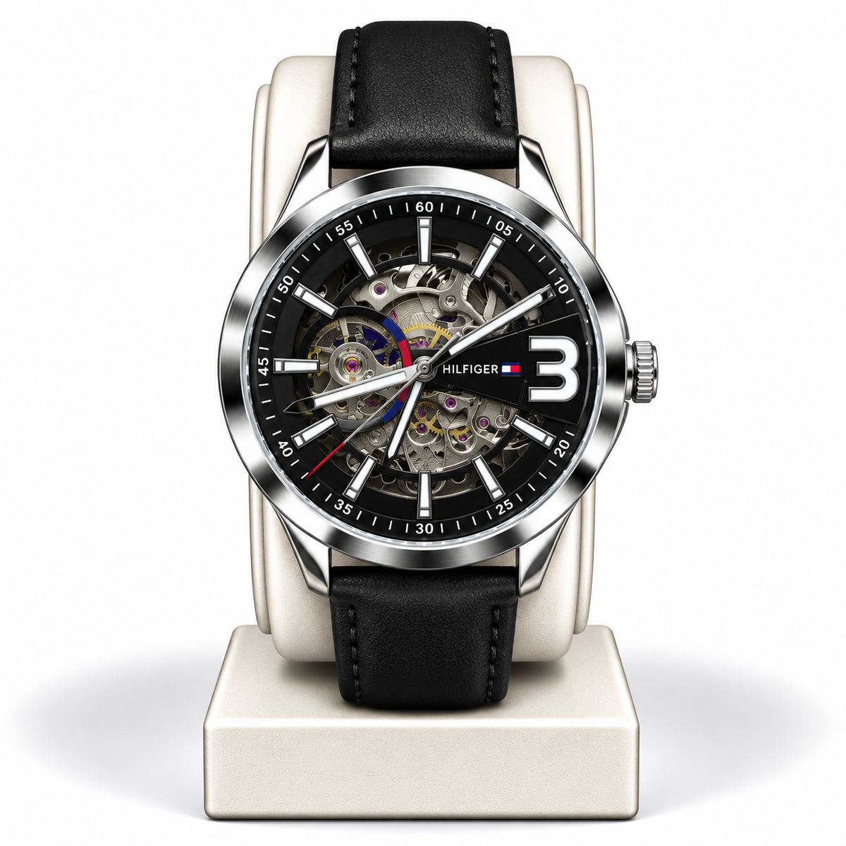 Tommy Hilfiger Automatic Skeleton Watch – Black Dial & Black Leather Strap