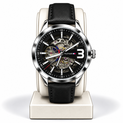 Tommy Hilfiger Automatic Skeleton Watch – Black Dial & Black Leather Strap