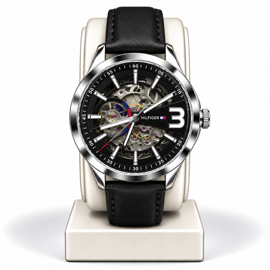 Tommy Hilfiger Automatic Skeleton Watch – Black Dial & Black Leather Strap