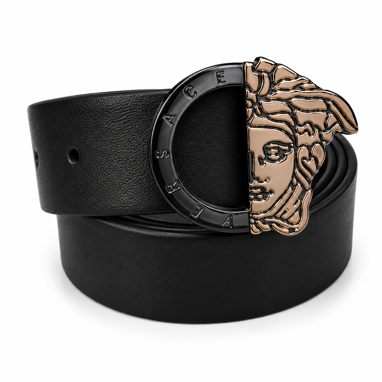 Versace Medusa Black & Gold Luxury Monogram Buckle Belt with Black Leather