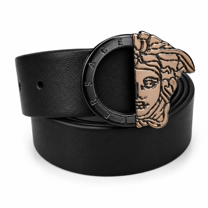 Versace Medusa Black & Gold Luxury Monogram Buckle Belt with Black Leather