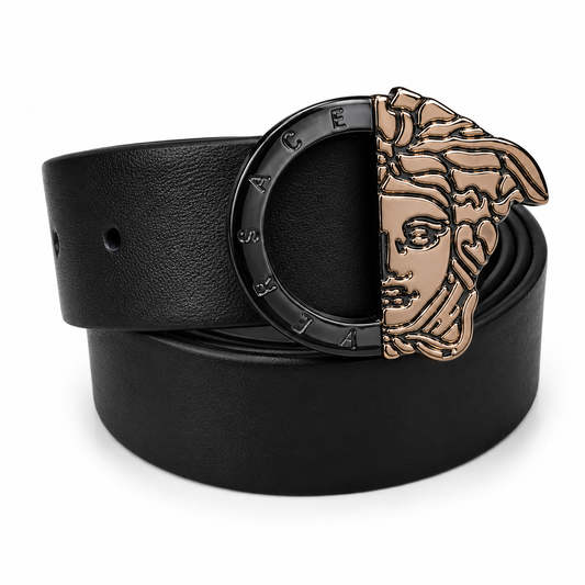 Versace Medusa Black & Gold Luxury Monogram Buckle Belt with Black Leather