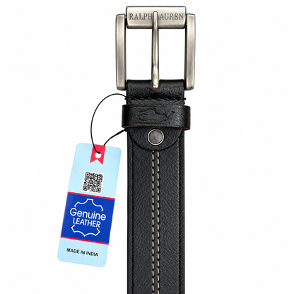 Ralph Lauren Classic Black Leather Belt – Contrast Stitch (Heavy Buckle)