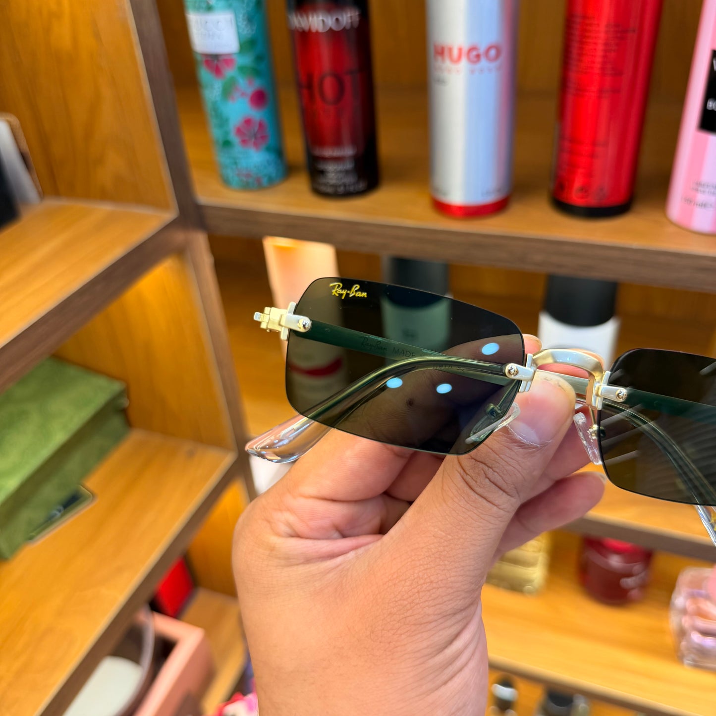 Ray Ban Rectangle Green shade golden frame-less Premium Sunglass