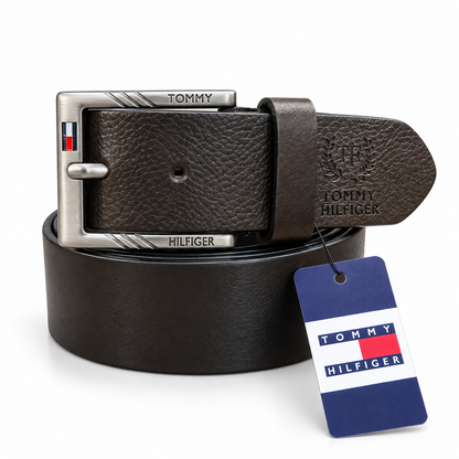 Tommy Hilfiger  Brown Textured Leather Belt – Signature Square Buckle