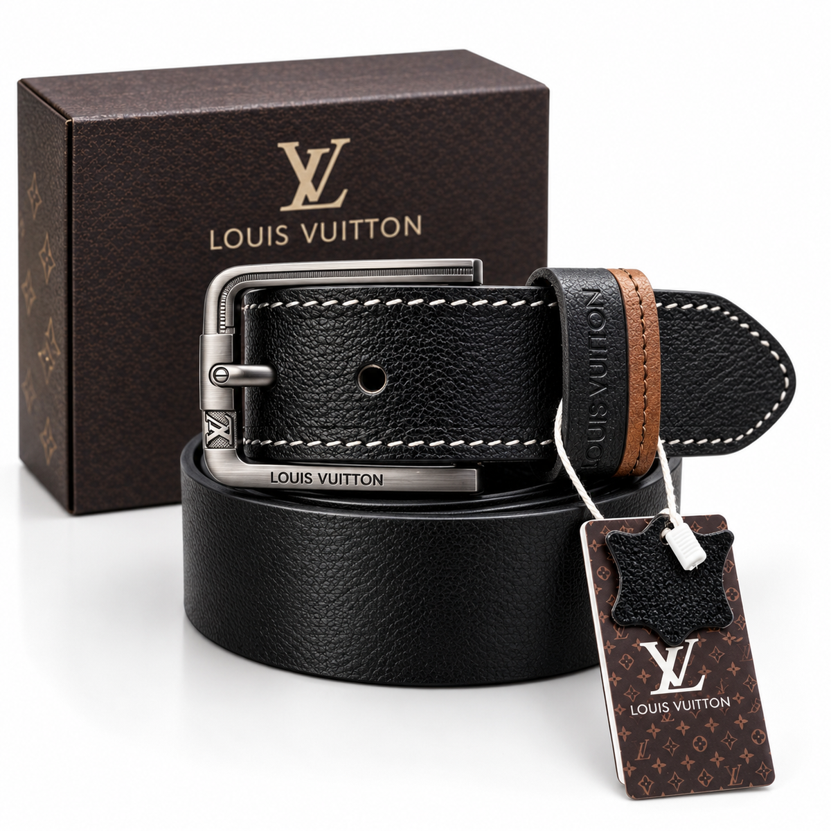 LV Premium Heavy Buckle Textured Black Leather Belt