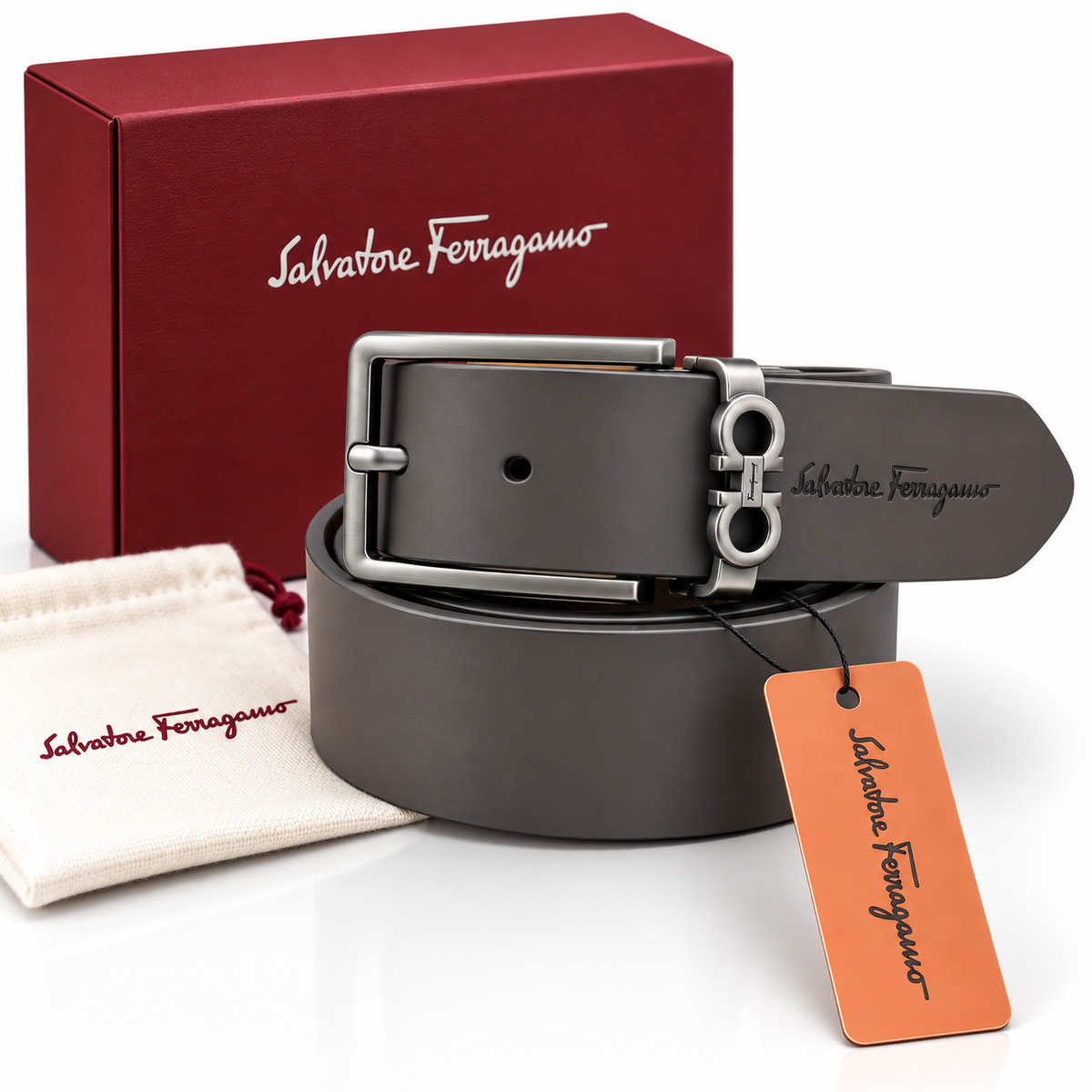 Salvatore Ferragamo Premium Double Ring Buckle Leather Belt – Charcoal Grey
