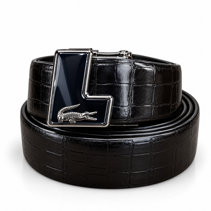 Lacoste-Inspired Black Crocodile Texture Belt – Signature Reversible Buckle