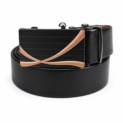 EW Black & Rose-Gold Auto Buckle Belt Leather Belt