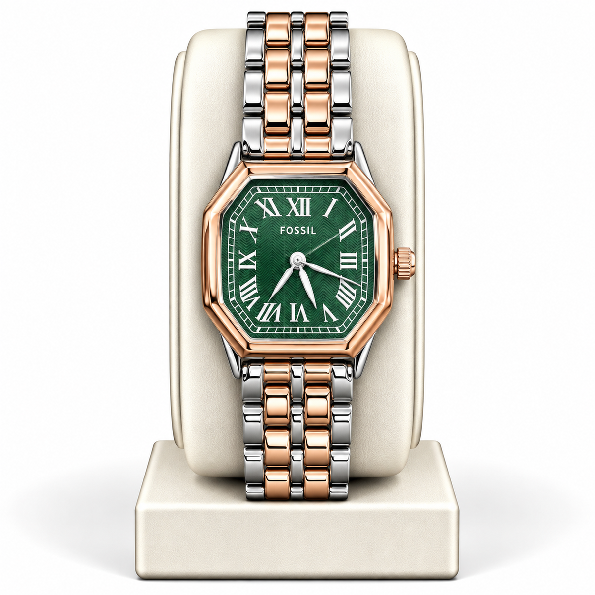 Fossil Harlow Analog Watch – Green Roman Numeral Dial, Two-Tone Rose Gold & Silver Stainless Steel Bracelet