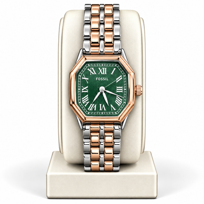 Fossil Harlow Analog Watch – Green Roman Numeral Dial, Two-Tone Rose Gold & Silver Stainless Steel Bracelet