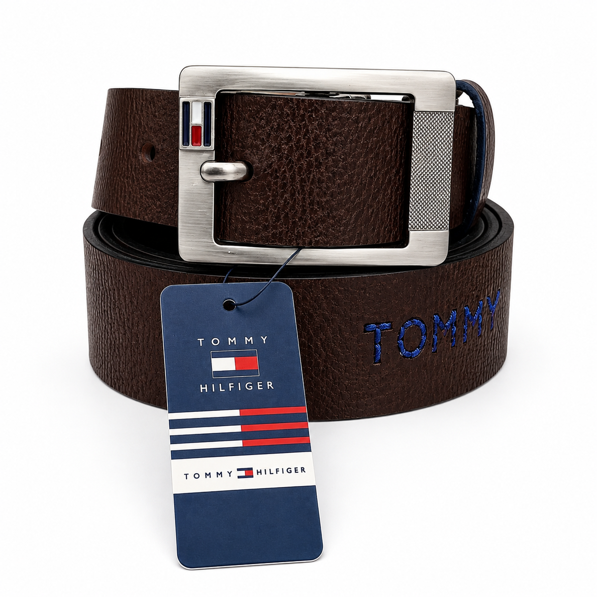 Tommy Hilfiger Embroidery Brown Leather Rectangle Buckle Belt