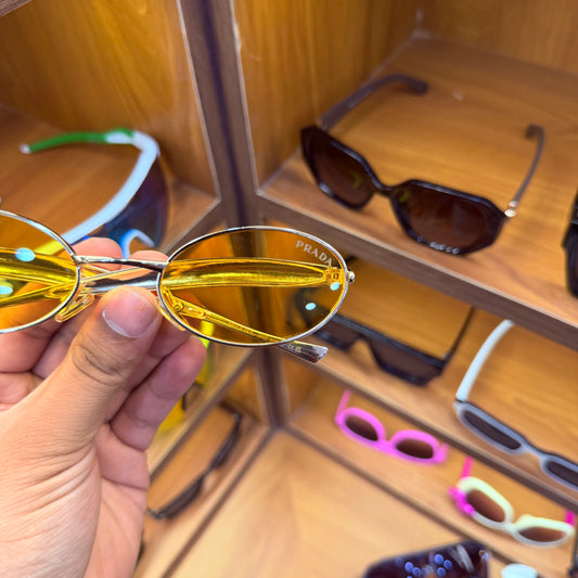 Prada Oval Yellow lens Golden Metal Frame Premium Fashion Sunglass