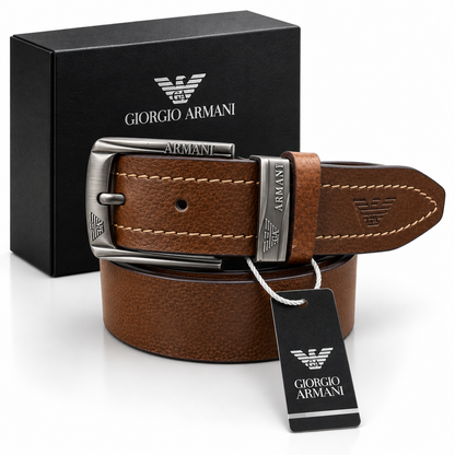 Giorgio Armani Premium Heavy Buckle Textured Brown Leather Belt