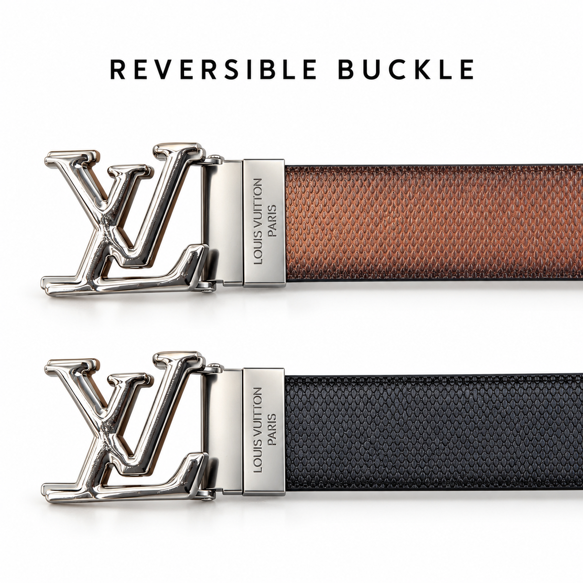 Louis Vuitton LV Silver Reversible Black & Brown Textured Belt