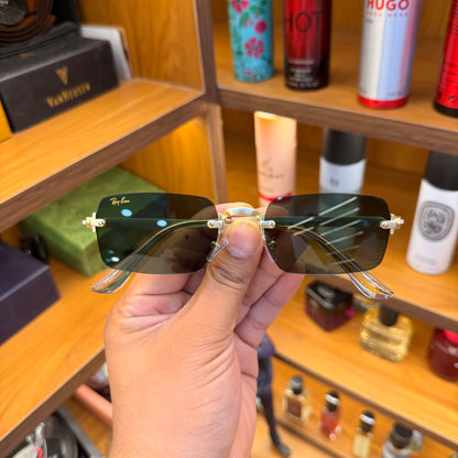 Ray Ban Rectangle Green shade golden frame-less Premium Sunglass