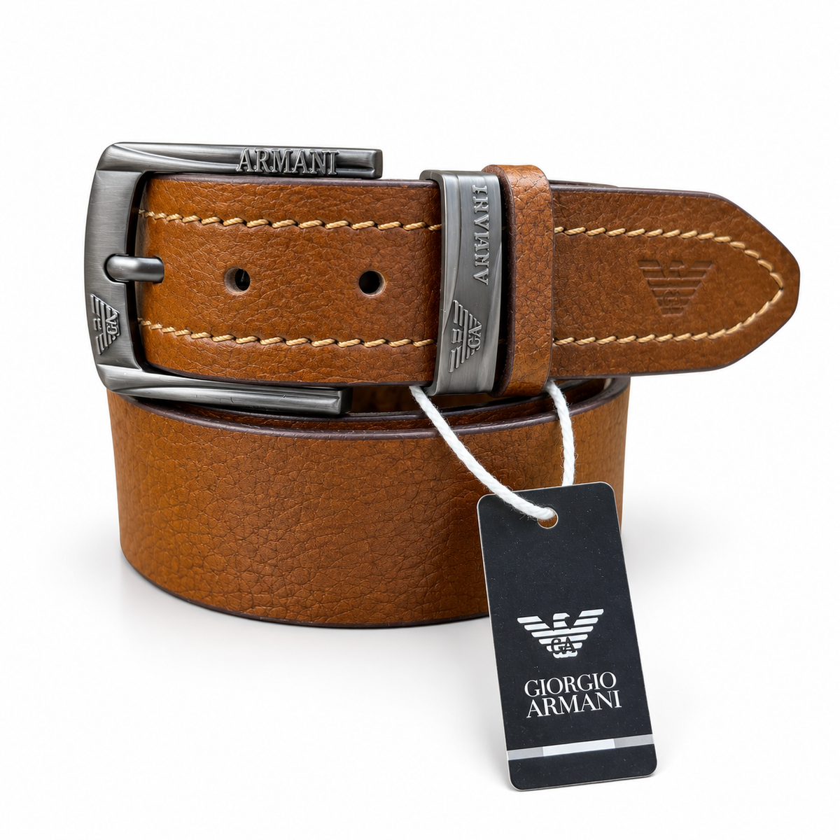 Giorgio Armani Premium Tan Brown Leather Belt – Signature Metal Buckle