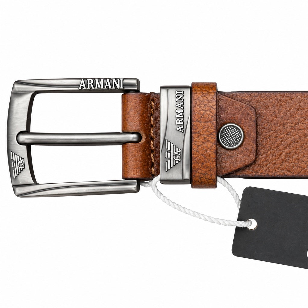 Giorgio Armani Premium Tan Brown Leather Belt – Signature Metal Buckle