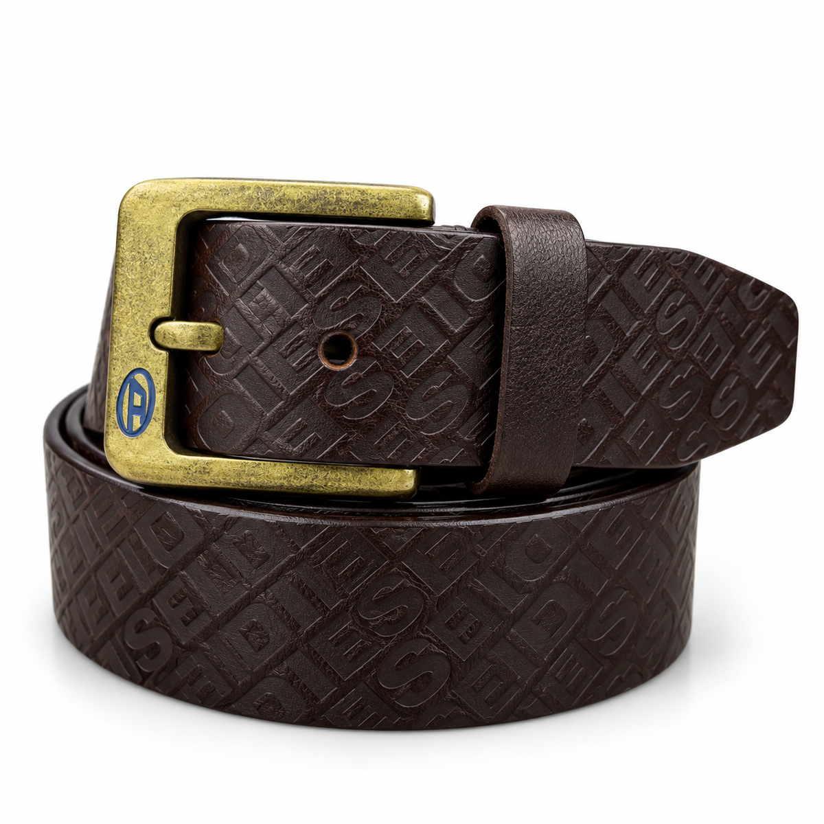 Diesel Dark Brown Embossed Belt – Antique Gold Buckle