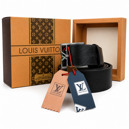 LV Classic Black Leather Grey Rectangle Buckle Belt
