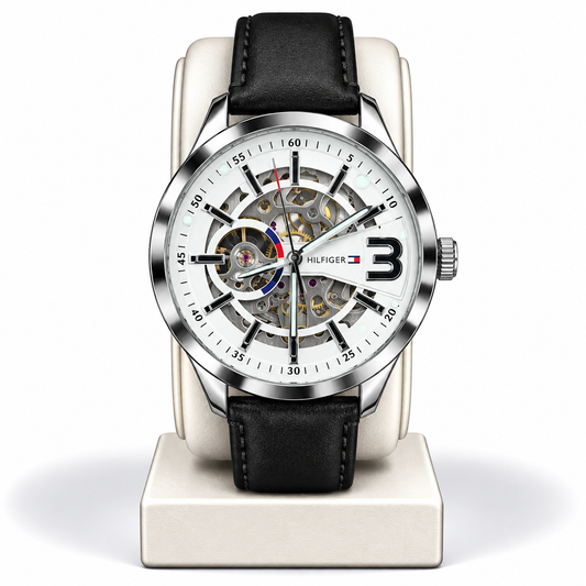Tommy Hilfiger Automatic Skeleton Watch – White Dial & Black Leather Strap